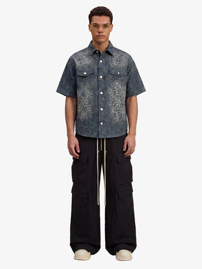 Vintage Leopard Print Washed Denim Short Sleeve Shirt 