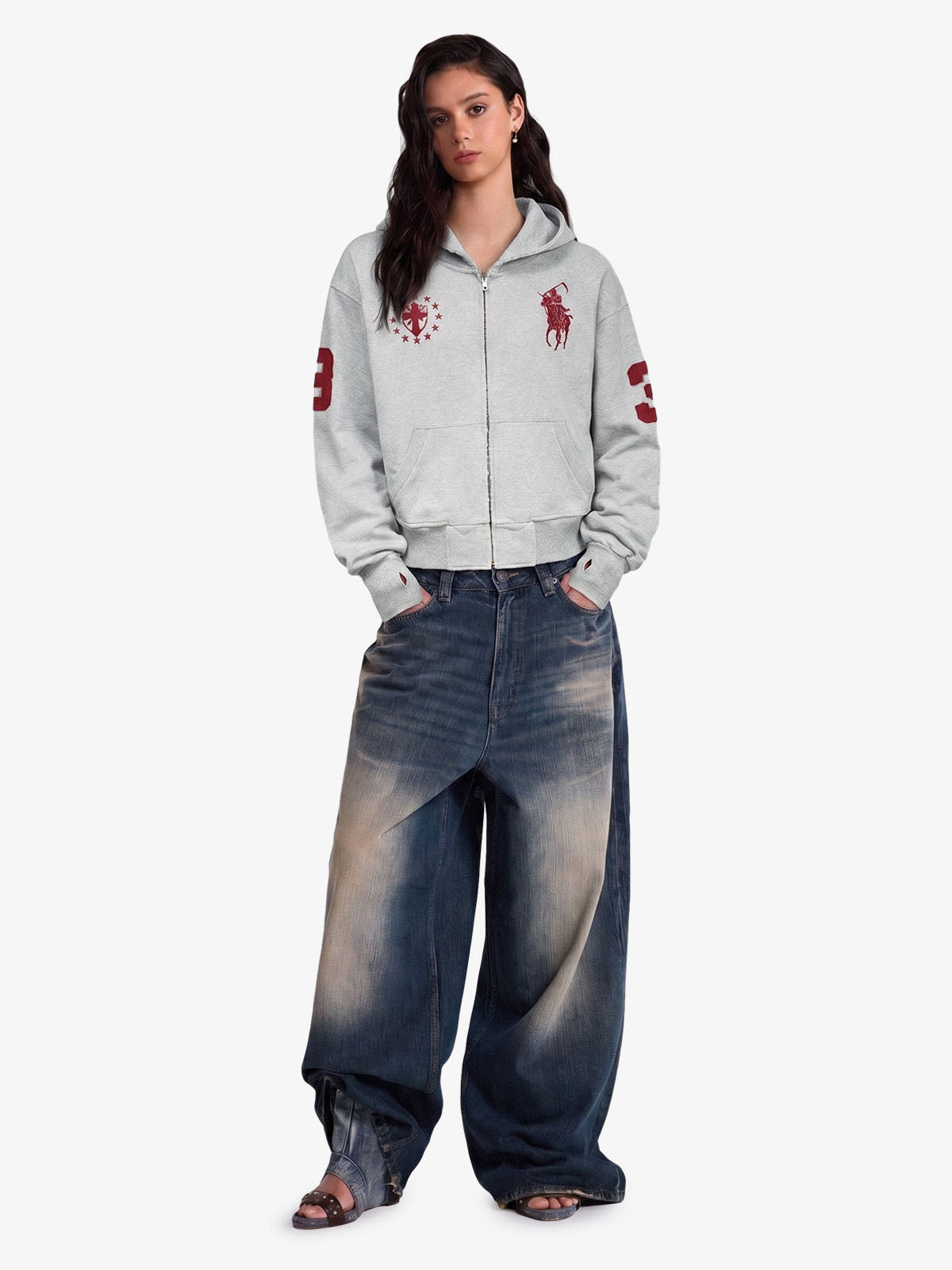 Streetwear Knight Horse Embroidered Cropped Zip-Up Hoodie