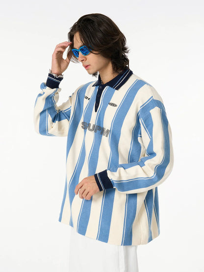 Retro Striped Polo Collar Sports Jersey Knit Sweater 