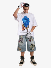 Charm Detail Graphic Denim Shorts 