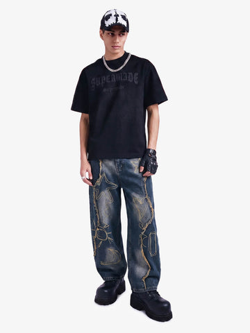 Vintage Embroidered Washed Raw-Edge Graffiti Scimitar Jeans 