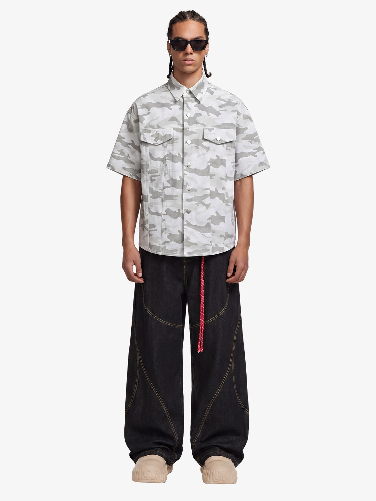 Light Grey Tactical Camo Pleated Denim Shirt 