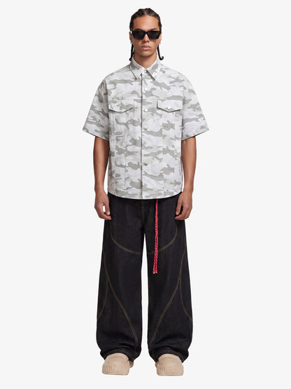 Light Grey Tactical Camo Pleated Denim Shirt 