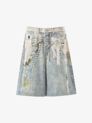 Jewelry Pearl Graphic Print 3D Effect Denim Shorts