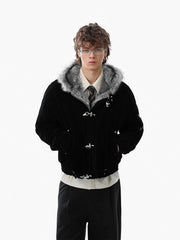 Streetwear Metal Clip Faux Fur Hooded Suede Bomber Jacket - 2597
