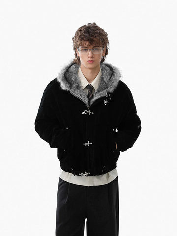Streetwear Metal Clip Faux Fur Hooded Suede Bomber Jacket - 2597