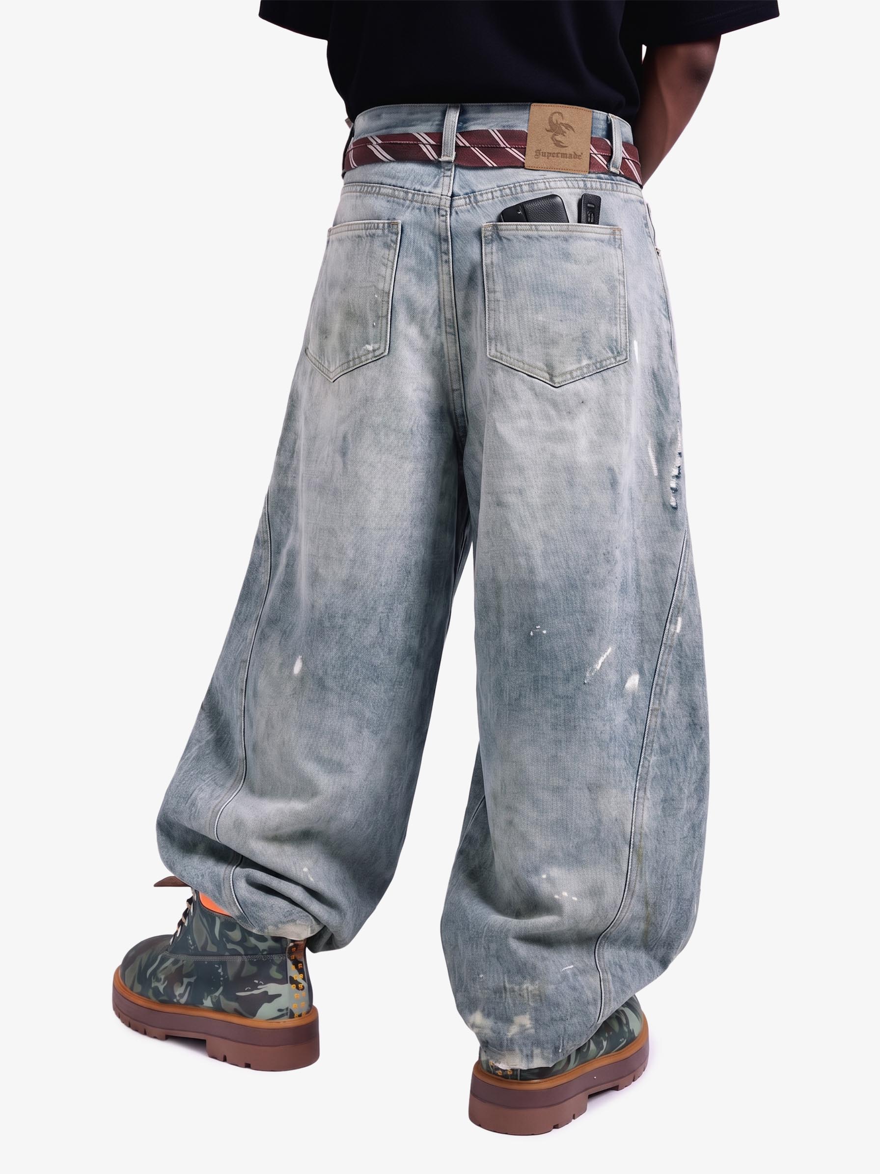 Tie Graphic Print Vintage Wash Wide Leg Denim Jeans