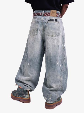 Tie Graphic Print Vintage Wash Wide Leg Denim Jeans