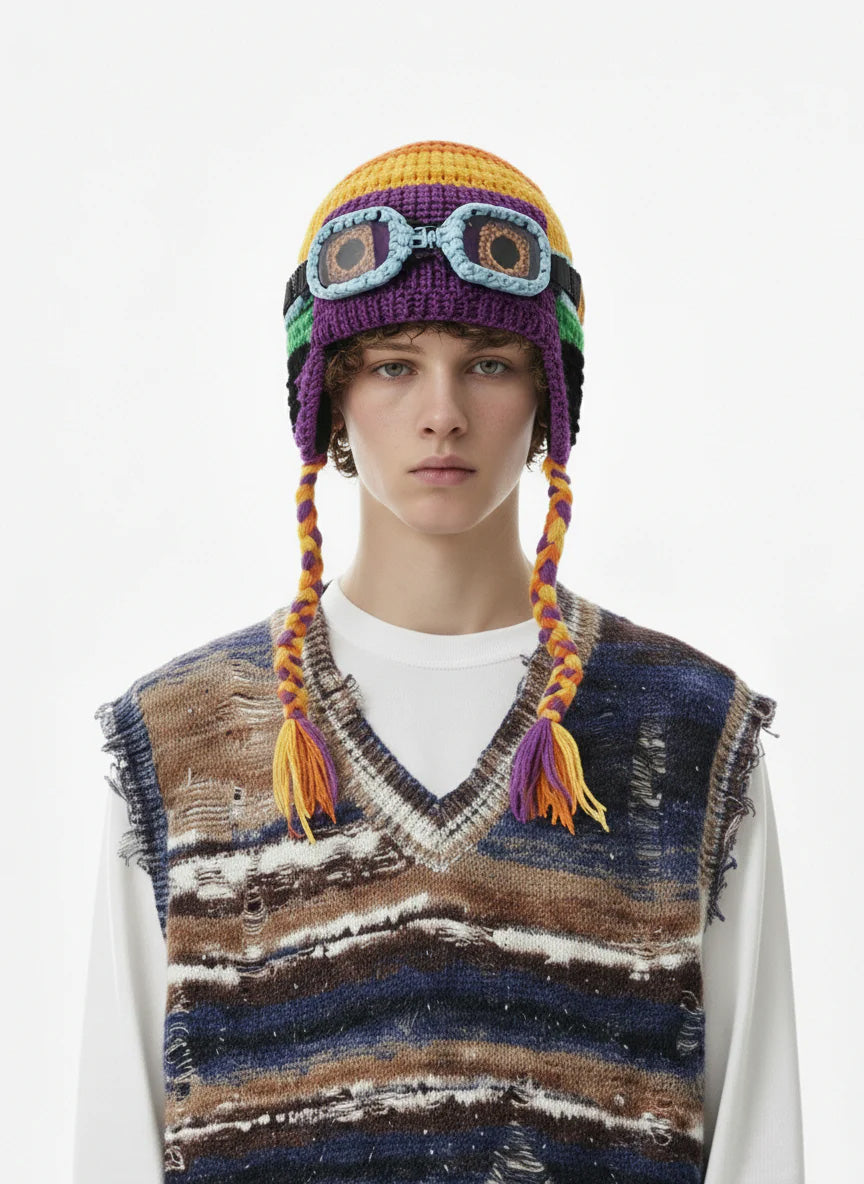 Colorblock Crochet Goggles Trapper Hat 