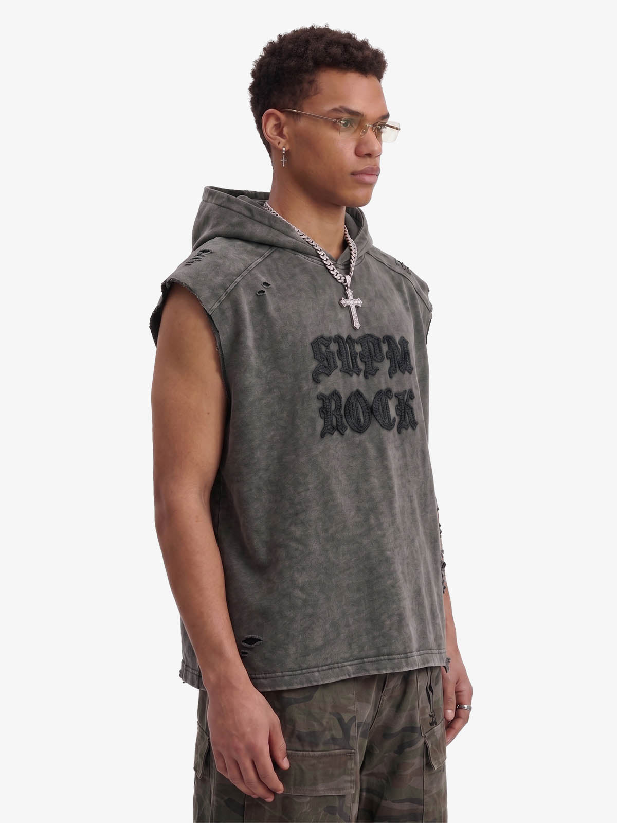 Distressed Washed Sleeveless Hoodie 