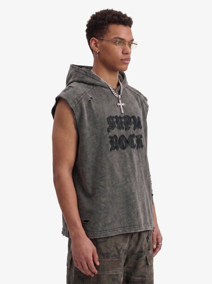Distressed Washed Sleeveless Hoodie 
