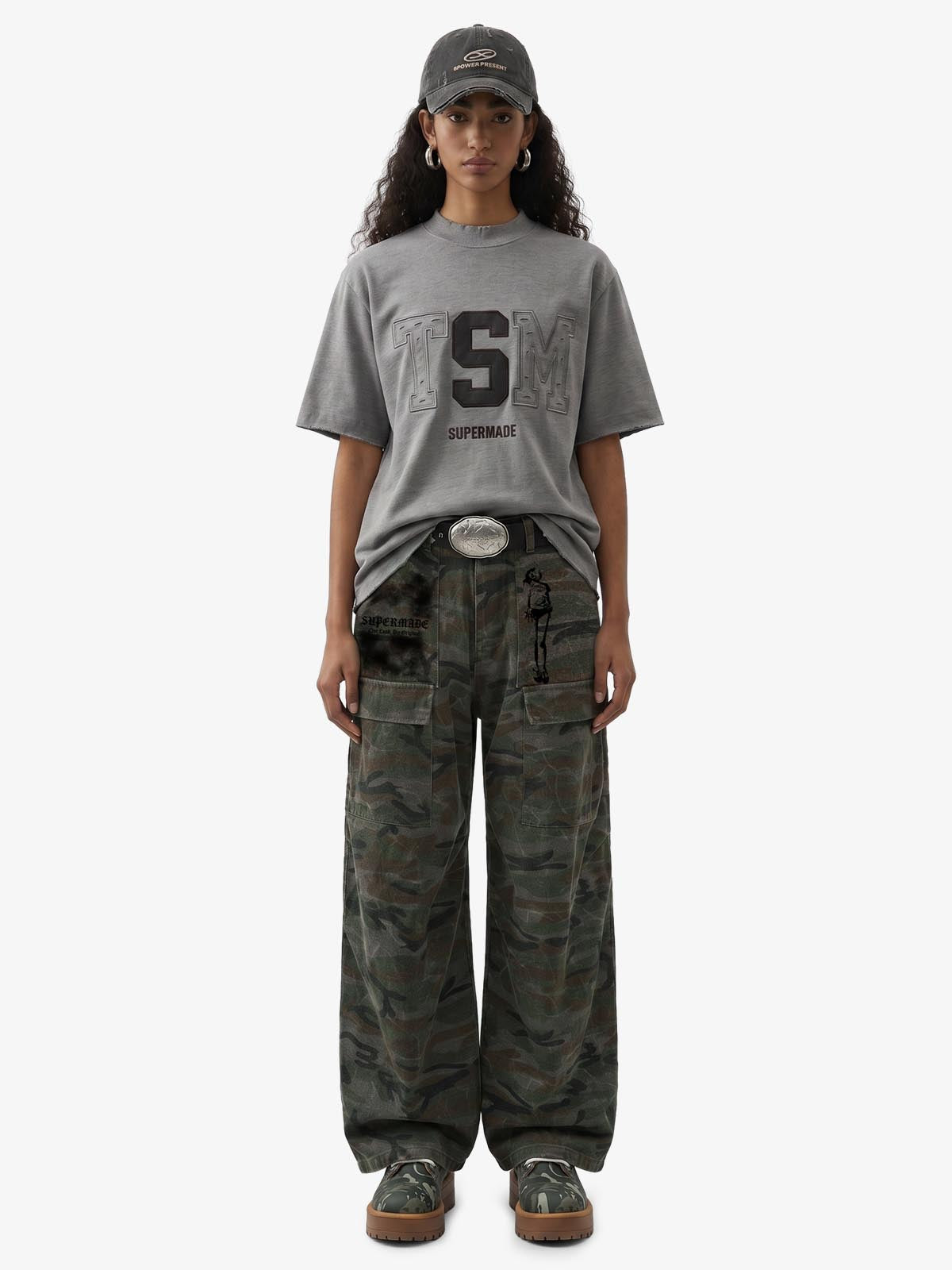 Faded Camo Graphic Wide-Leg Cargo Pants 