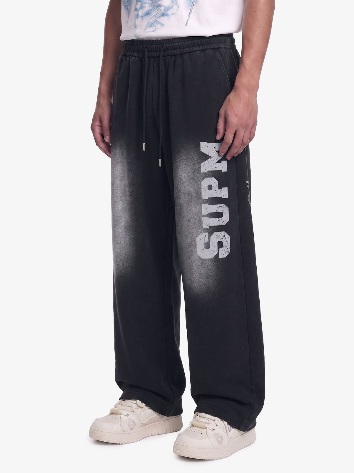 French Terry Distressed Gradient Drawstring Wide Leg Pants 