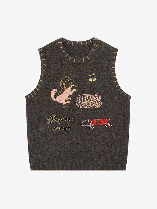 Vintage Embroidered Graphic Knit Sweater Vest