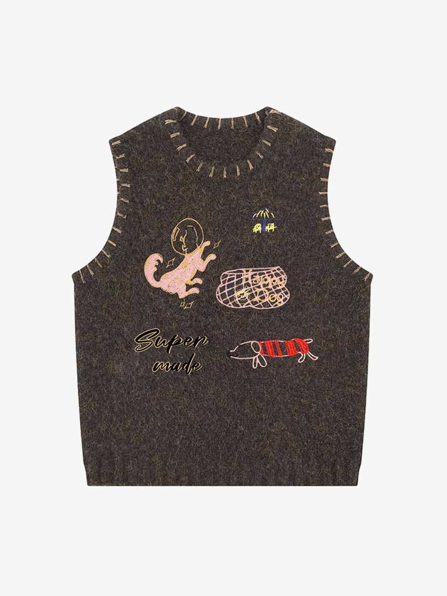 Vintage Embroidered Graphic Knit Sweater Vest; Coffee / S, Coffee / M, Coffee / L, Coffee / XL, Coffee / 2XL