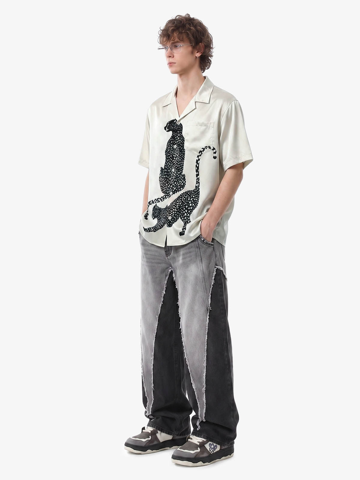 Double Cheetah Graphic Satin Cuban Shirt 