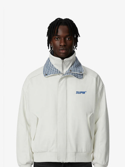 Retro Layered Look Plaid Collar Padded Jacket 