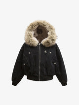 Faux Fur Lined Zip Up Hooded Bomber Jacket 