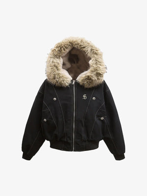 Faux Fur Lined Zip Up Hooded Bomber Jacket 