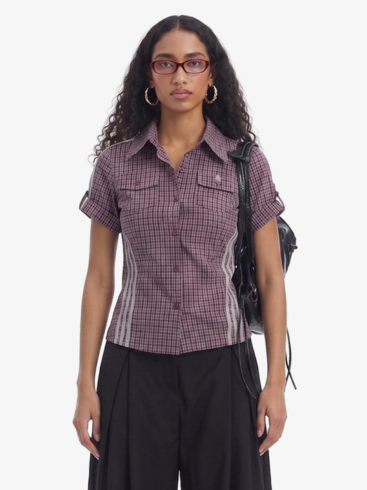 Plaid Side Stripe Slim Fit Short Sleeve Shirt 