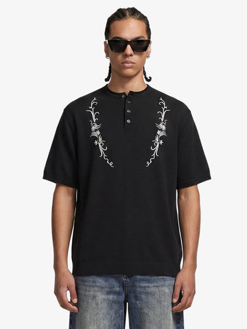 Graphic Floral Knit Henley T-Shirt 