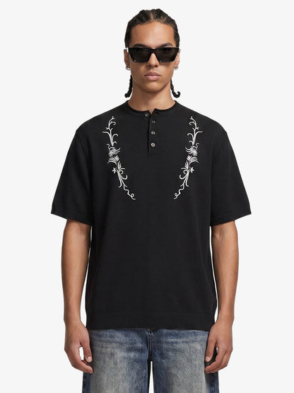 Graphic Floral Knit Henley T-Shirt 