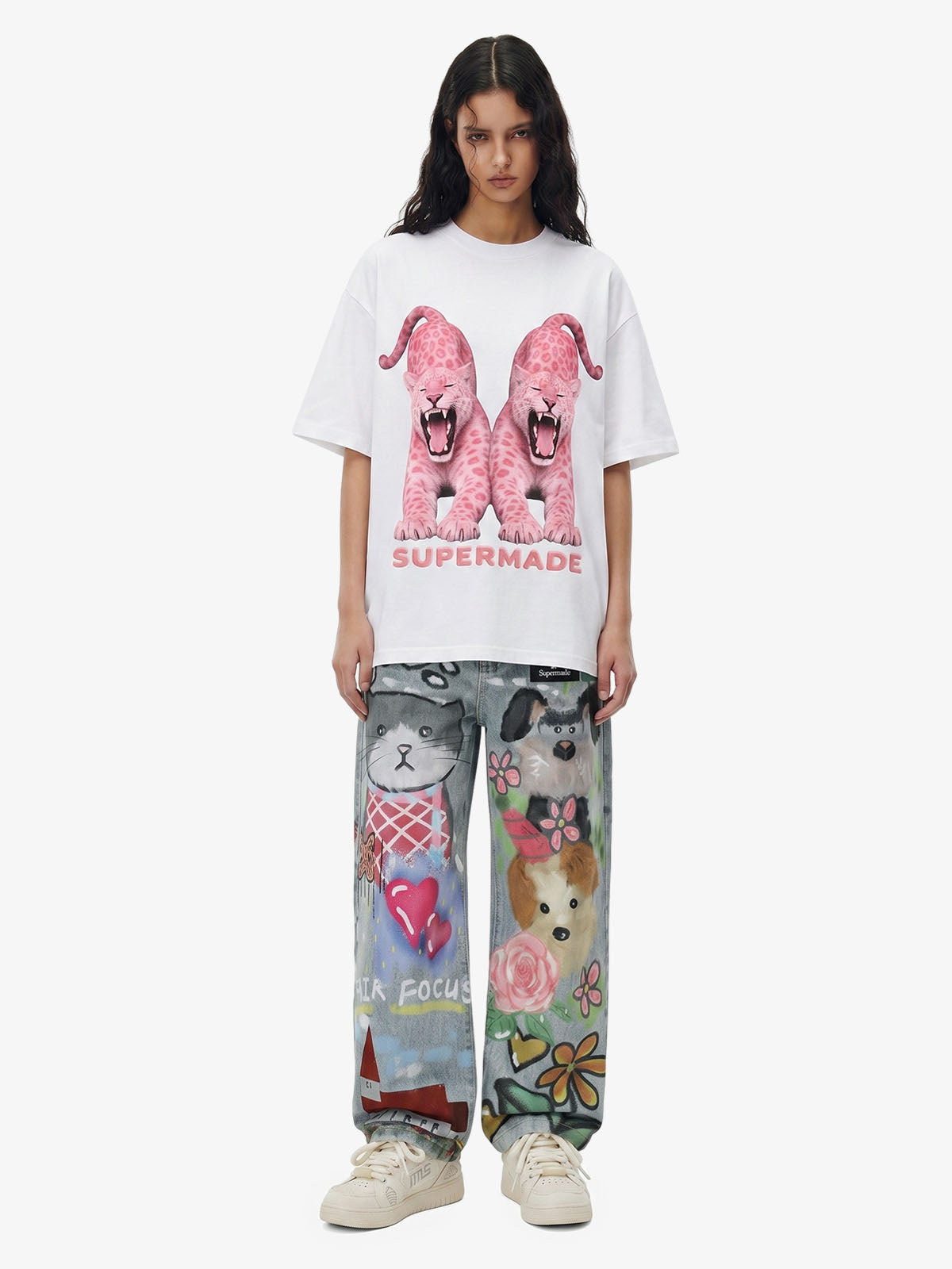 Graffiti Cartoon Animal Print Distressed Wide Leg Denim Jeans 