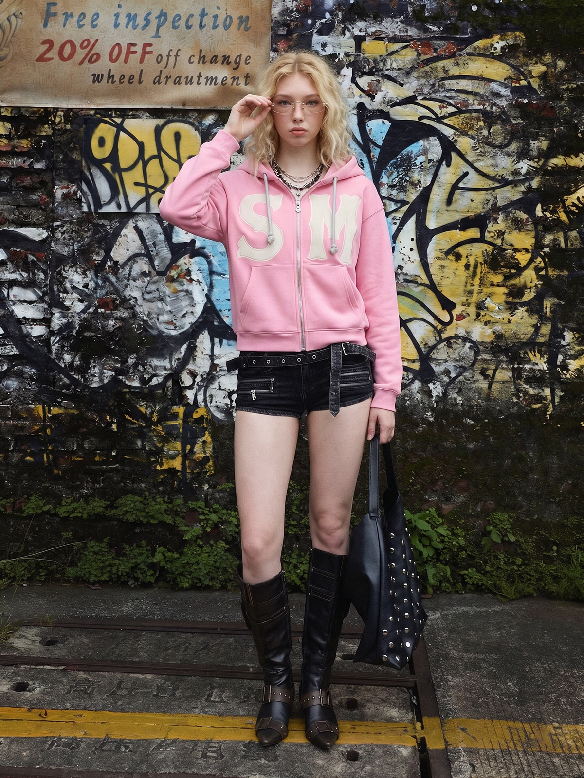 Letter Flocked Hooded Cardigan Sweatshirt