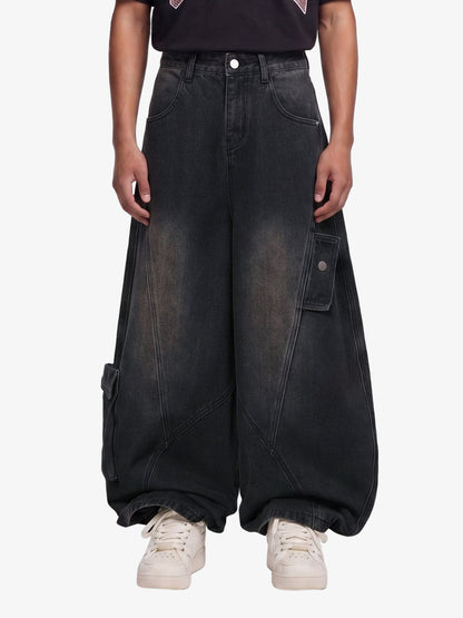 3D Curved Panel Stacked Wide-Leg Denim Jeans 