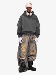 Distressed Patchwork Raw-Edge Layered-Hem Fleece Hoodie 