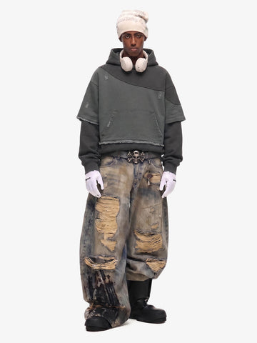 Distressed Patchwork Raw-Edge Layered-Hem Fleece Hoodie 