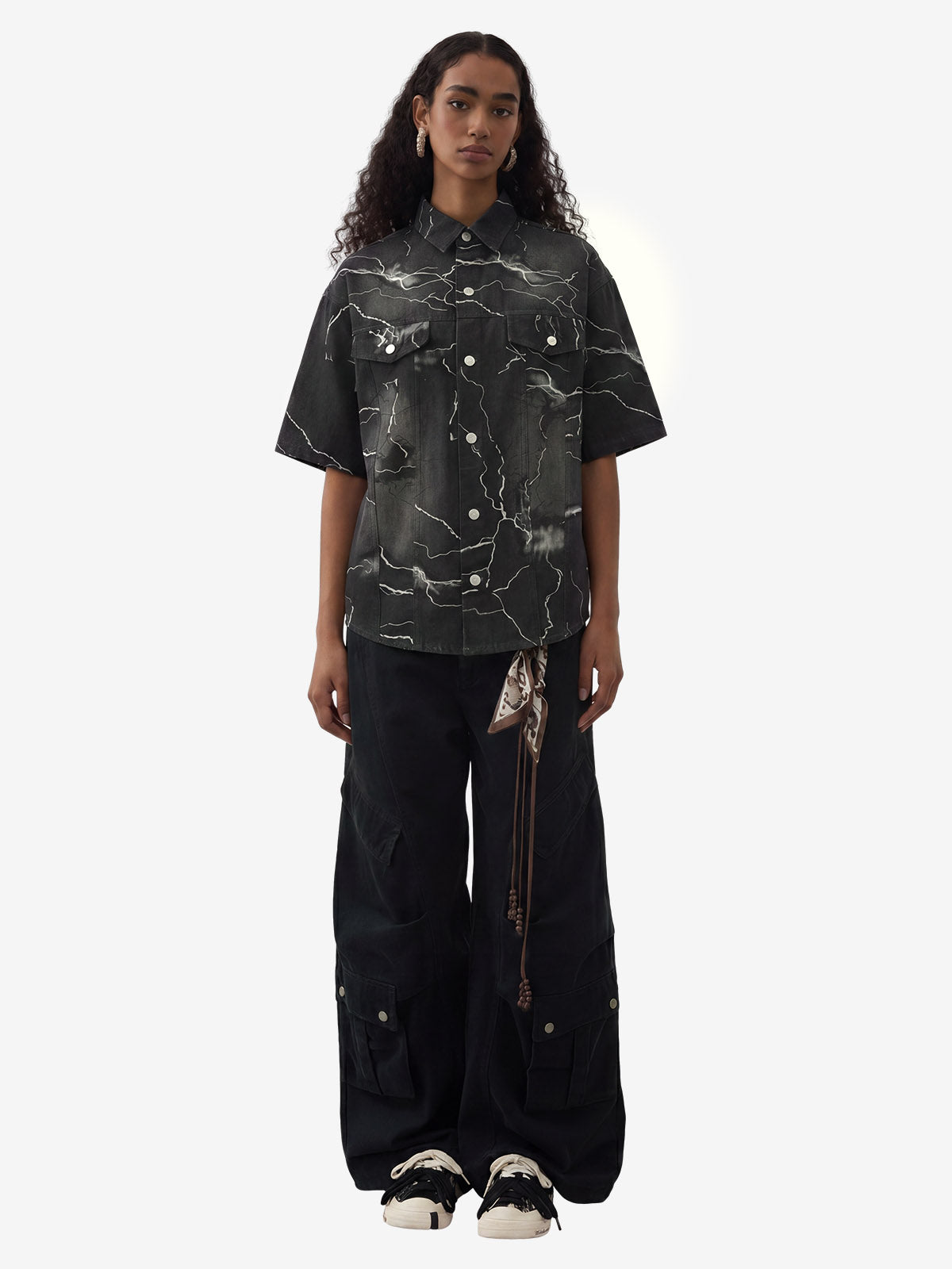 Vintage Lightning Bolt Graphic Denim Short Sleeve Shirt 