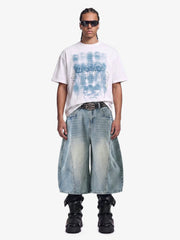 Curved Silhouette 3D Paneled Denim Shorts 