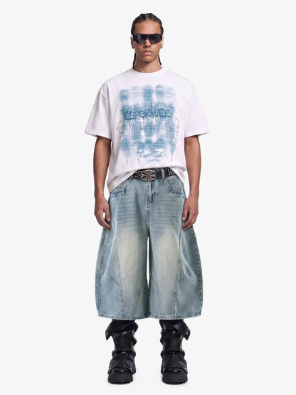 Curved Silhouette 3D Paneled Denim Shorts