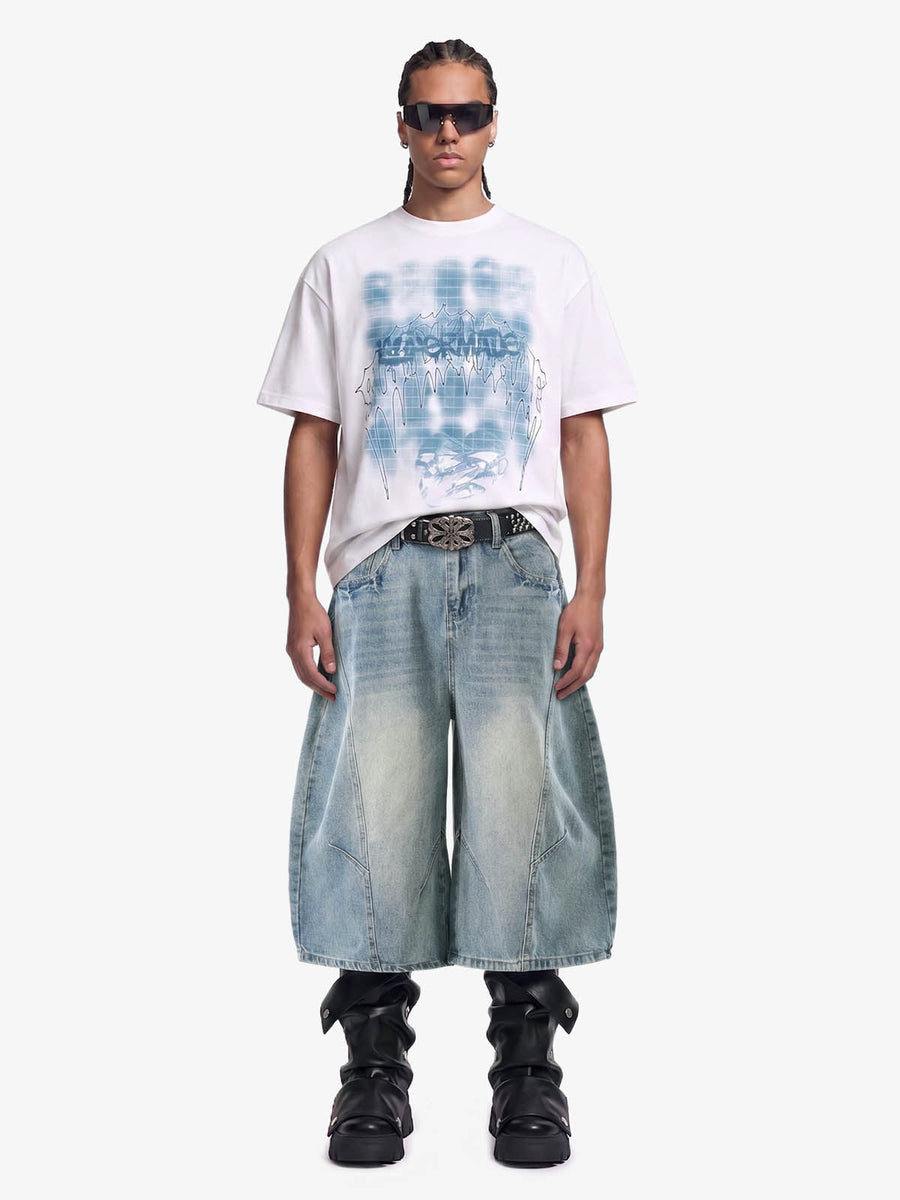 Curved Silhouette 3D Paneled Denim Shorts 