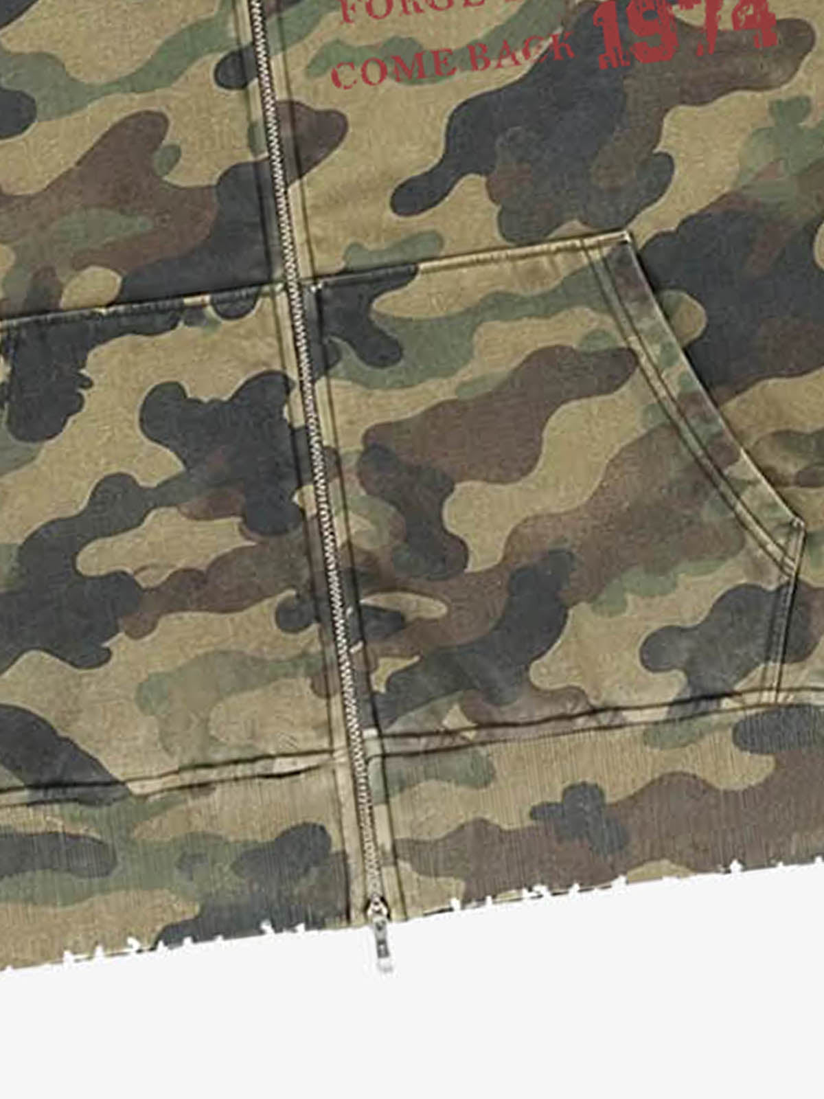 Camo Letter Graphic Distressed Zip-Up Hoodie
