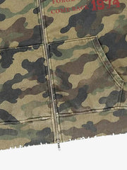 Camo Letter Graphic Distressed Zip-Up Hoodie