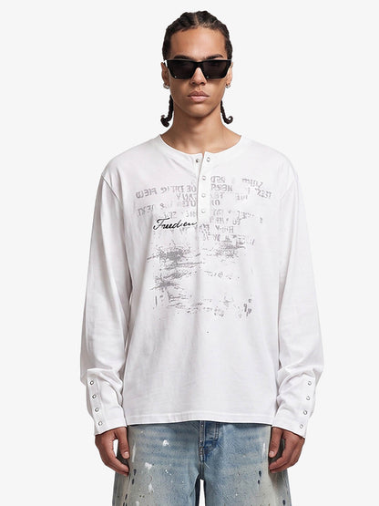 Supermade Industrial Text Print Long Sleeve Henley T-Shirt 