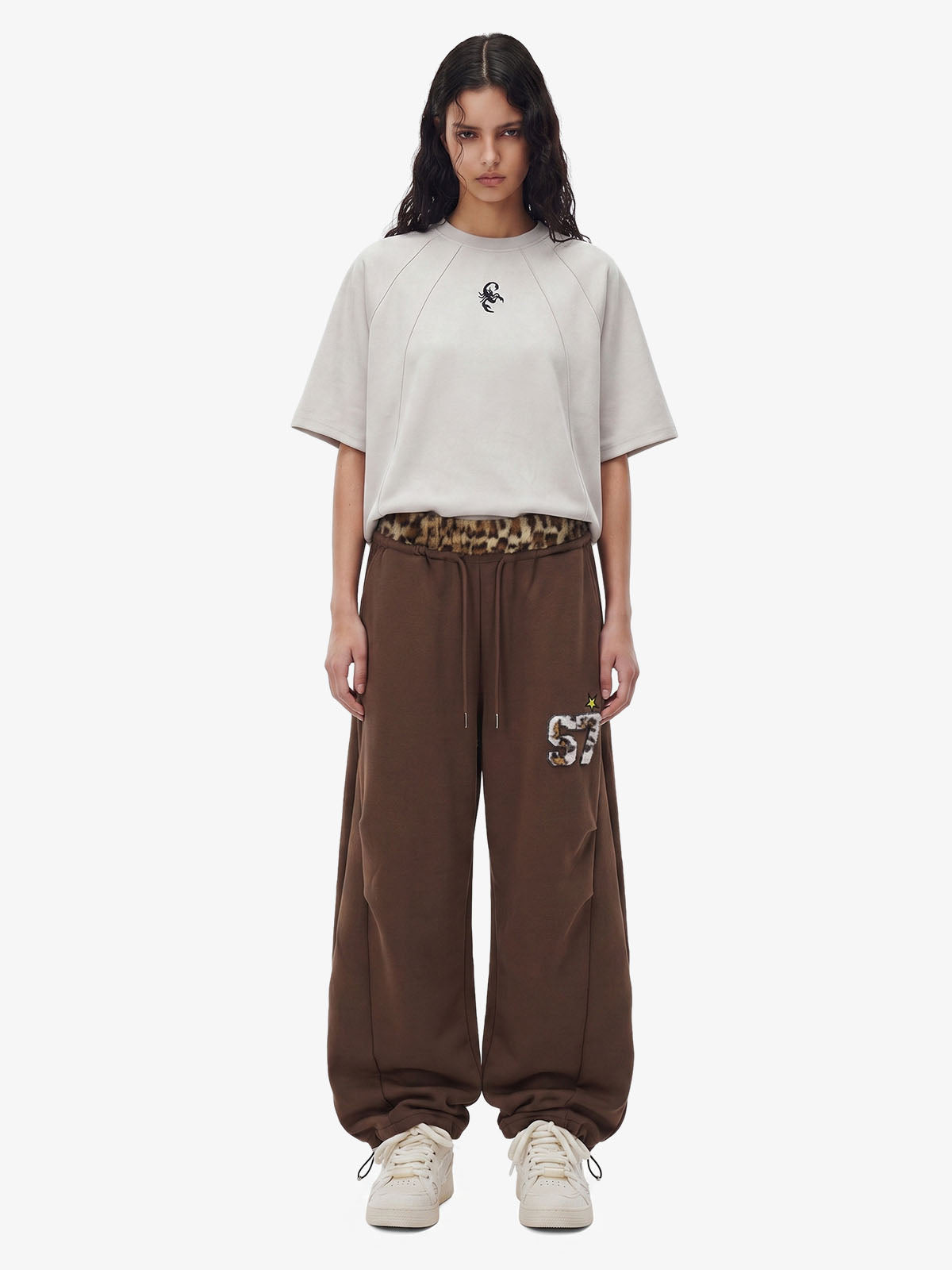 Retro Double-Waist Leopard Patch Barrel Pants - 2564 