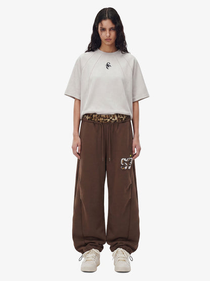Retro Double-Waist Leopard Patch Barrel Pants - 2564 