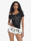 Off Shoulder Buckle Strap Gothic Graphic Slim Fit Top 