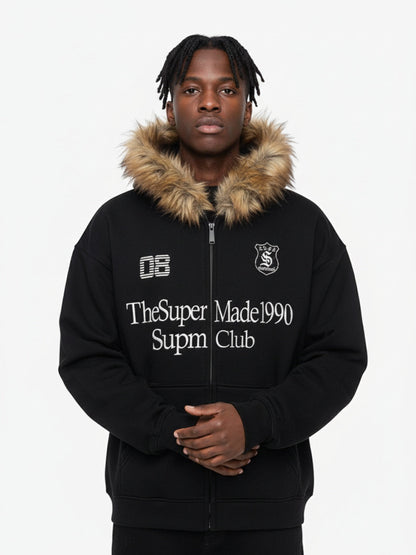 Letter Medal Embroidered Cardigan Fur Collar Zip Up Hoodie- 2502 