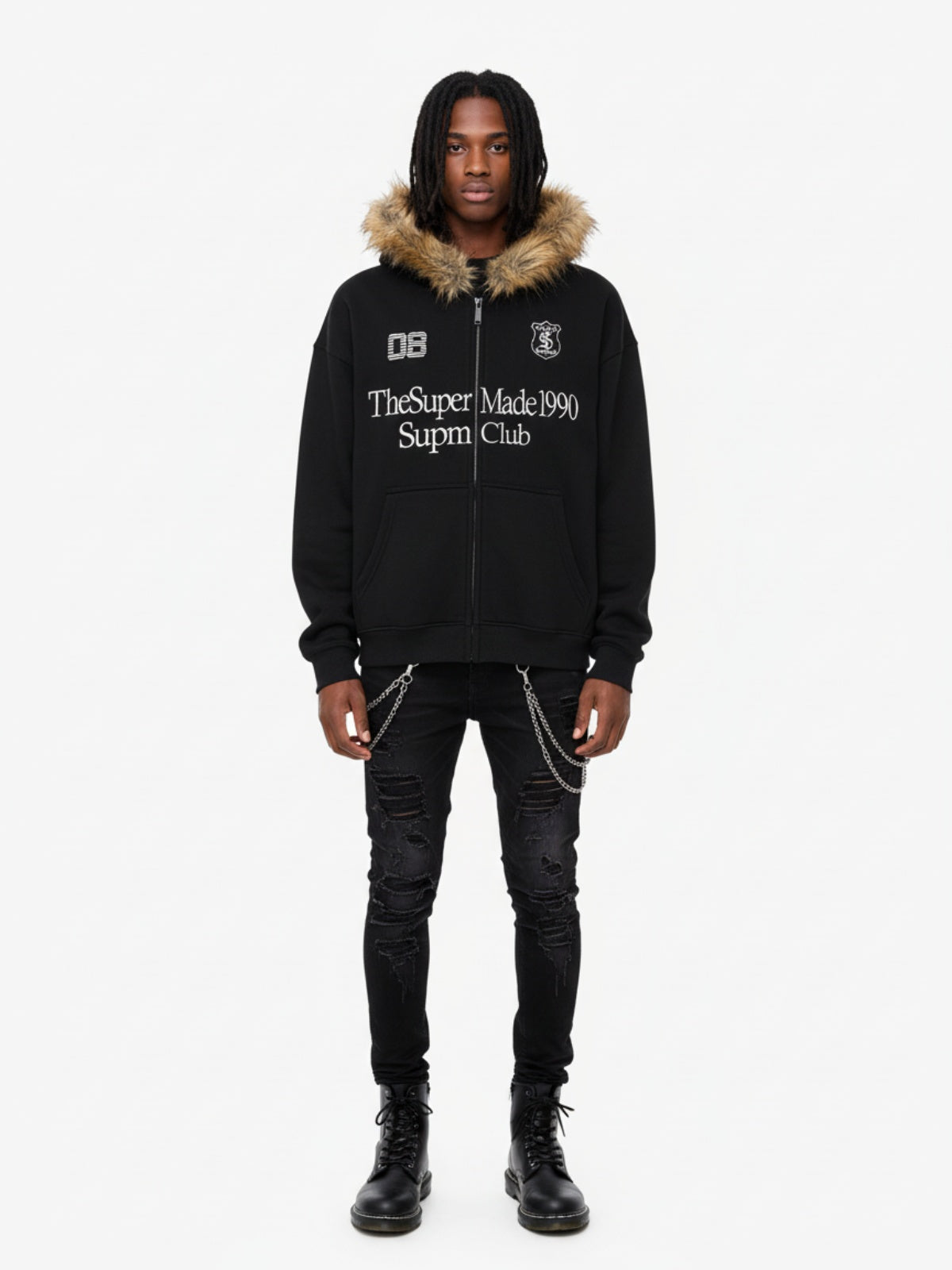 Letter Medal Embroidered Cardigan Fur Collar Zip Up Hoodie- 2502 