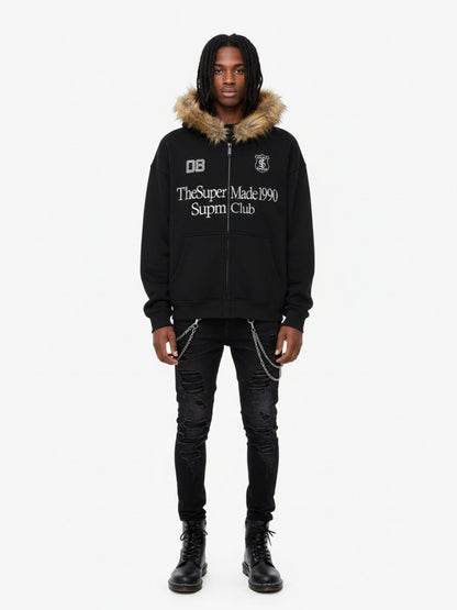 Letter Medal Embroidered Cardigan Fur Collar Zip Up Hoodie- 2502 