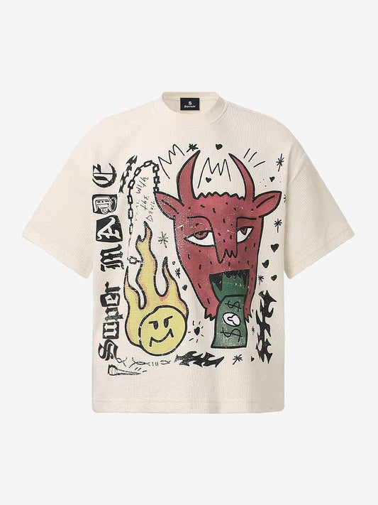 Cotton Waffle Knit Graphic T-Shirt with The Supermade Records Print for Men 