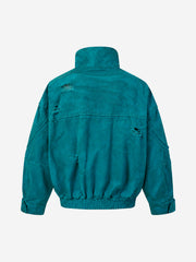 Embroidered Badge Distressed Fleece-Lined Teal Bomber Coat