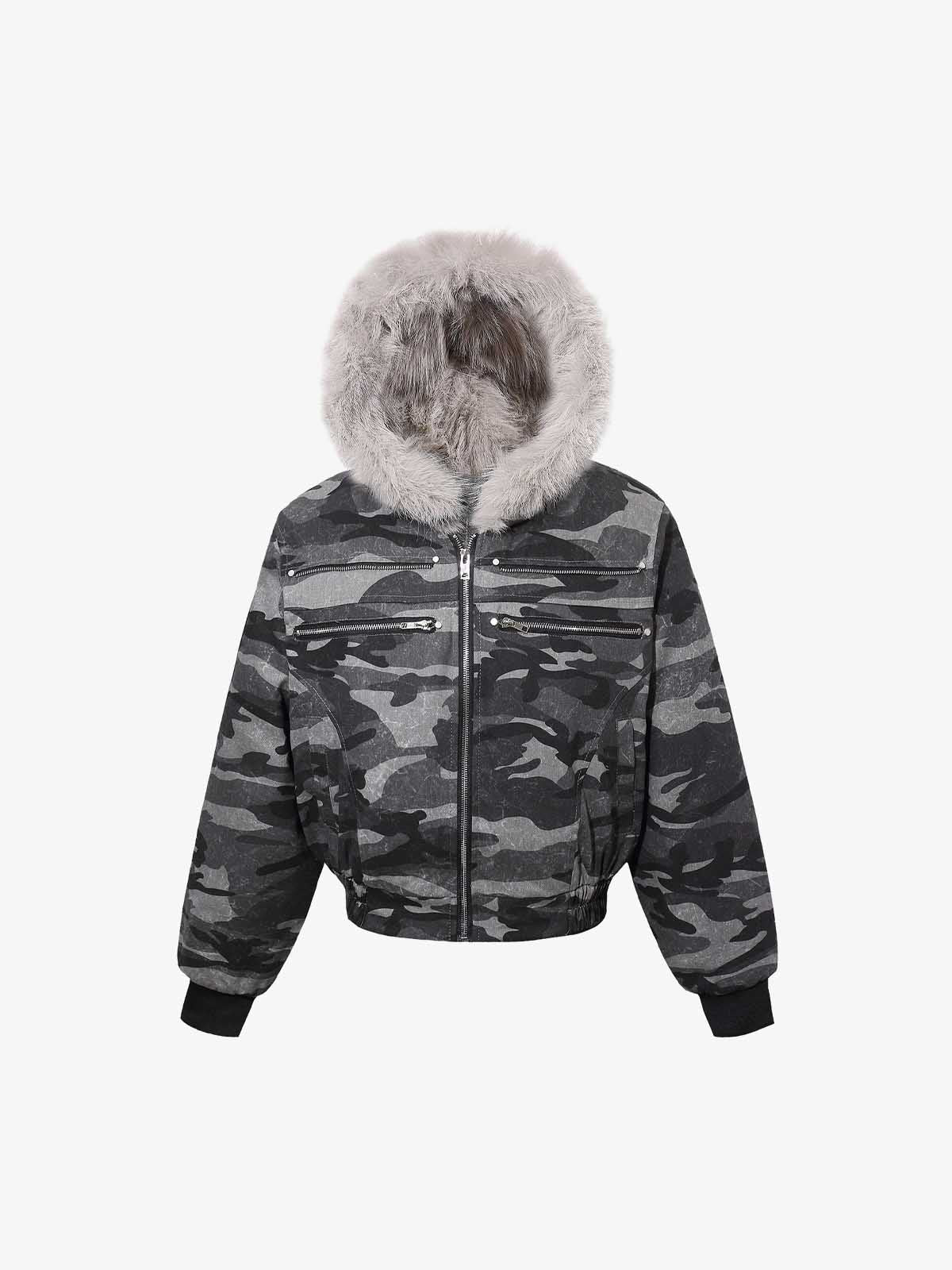 Vintage Camo Faux Fur Hood Padded Bomber Jacket 