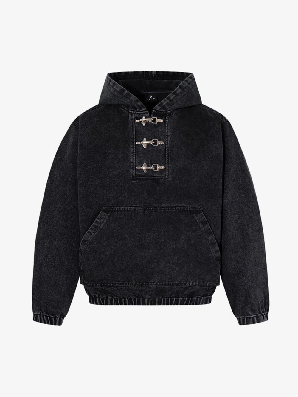 Vintage Washed Denim Metal Toggle Detail Pullover Hoodie 