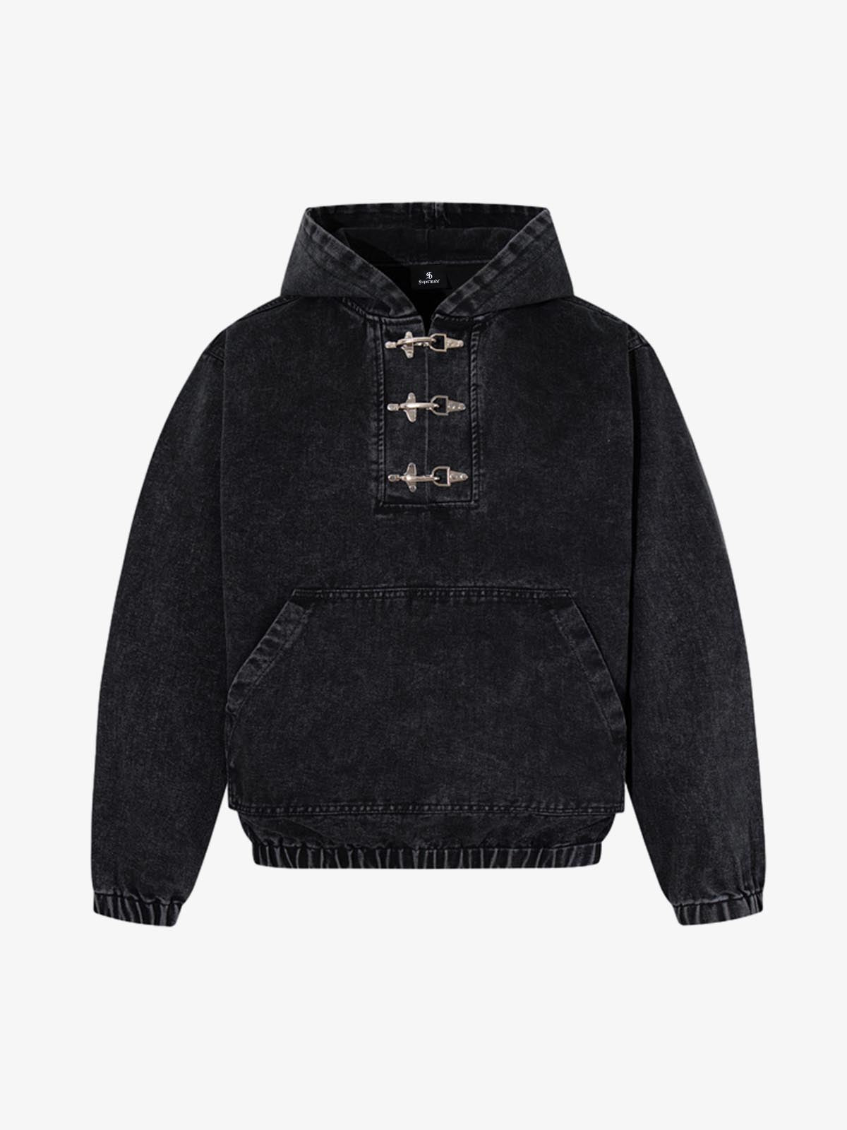 Vintage Washed Denim Metal Toggle Detail Pullover Hoodie 