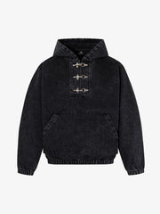 Vintage Washed Denim Metal Toggle Detail Pullover Hoodie 